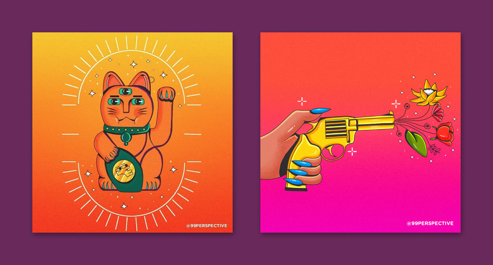 “Japanese Lucky Cat” & “Spread Love Not Bullets” illustrations